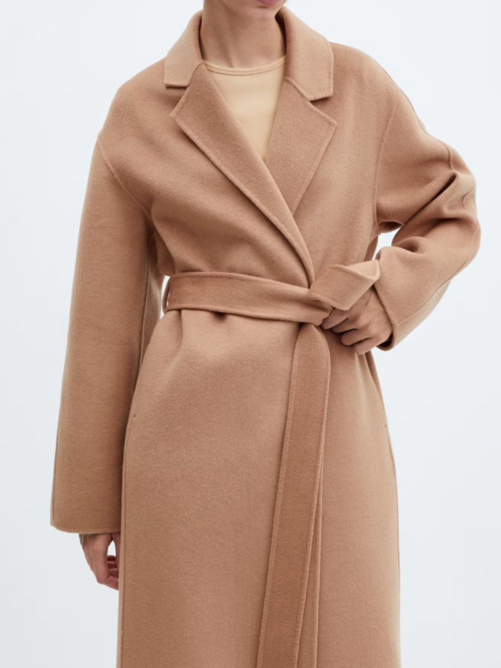 Mango Camel Belted Wool-Blend Long Coat